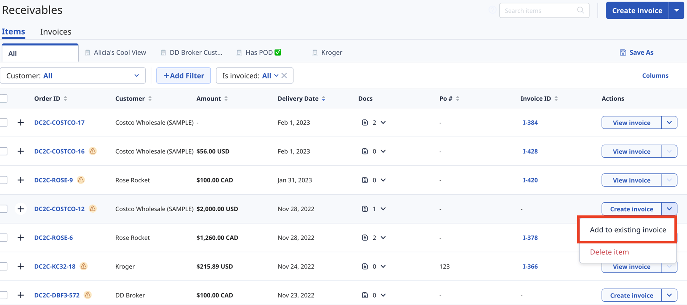 Add an order to an existing invoice