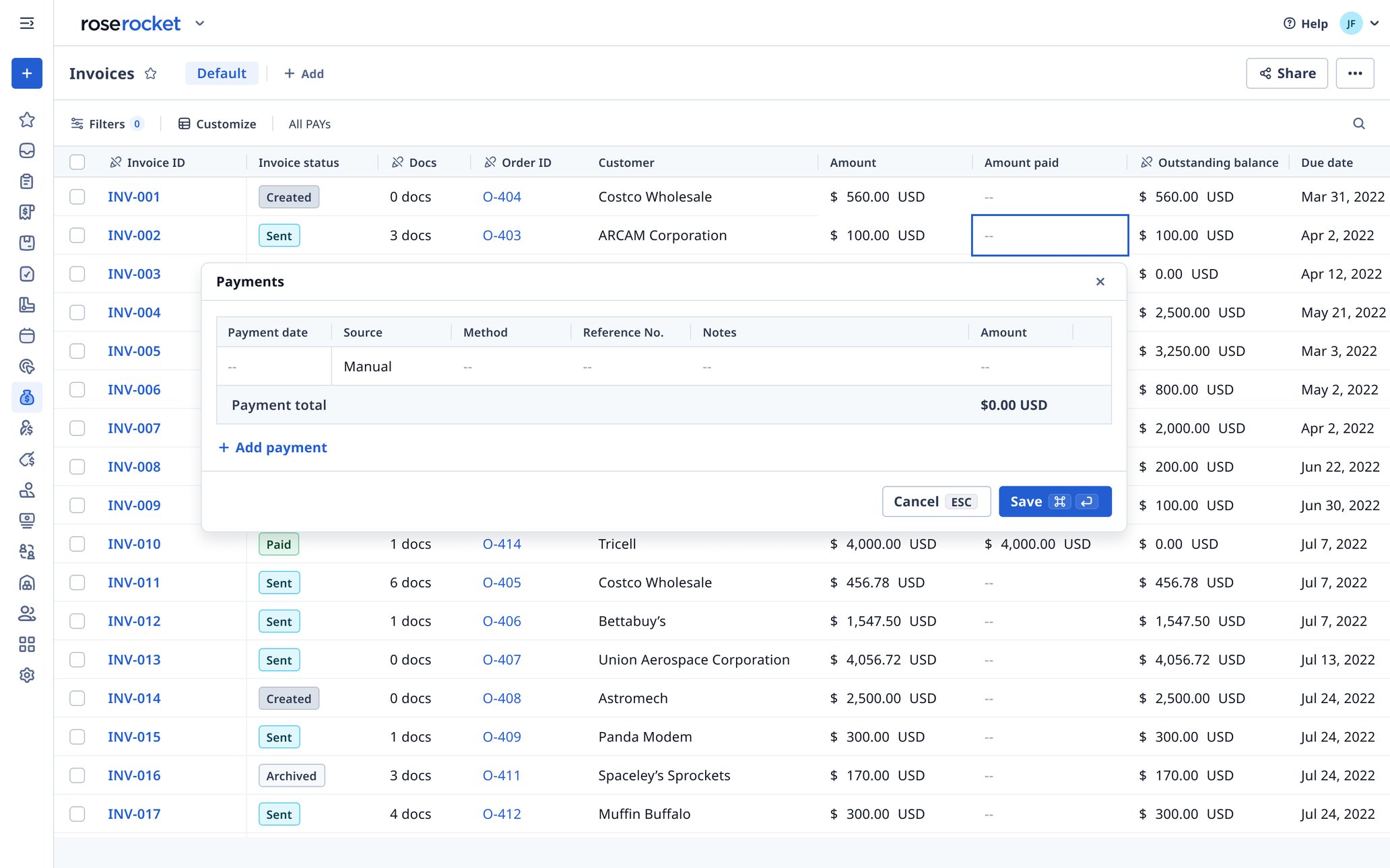 Keep track of invoice payments in Rose Rocket