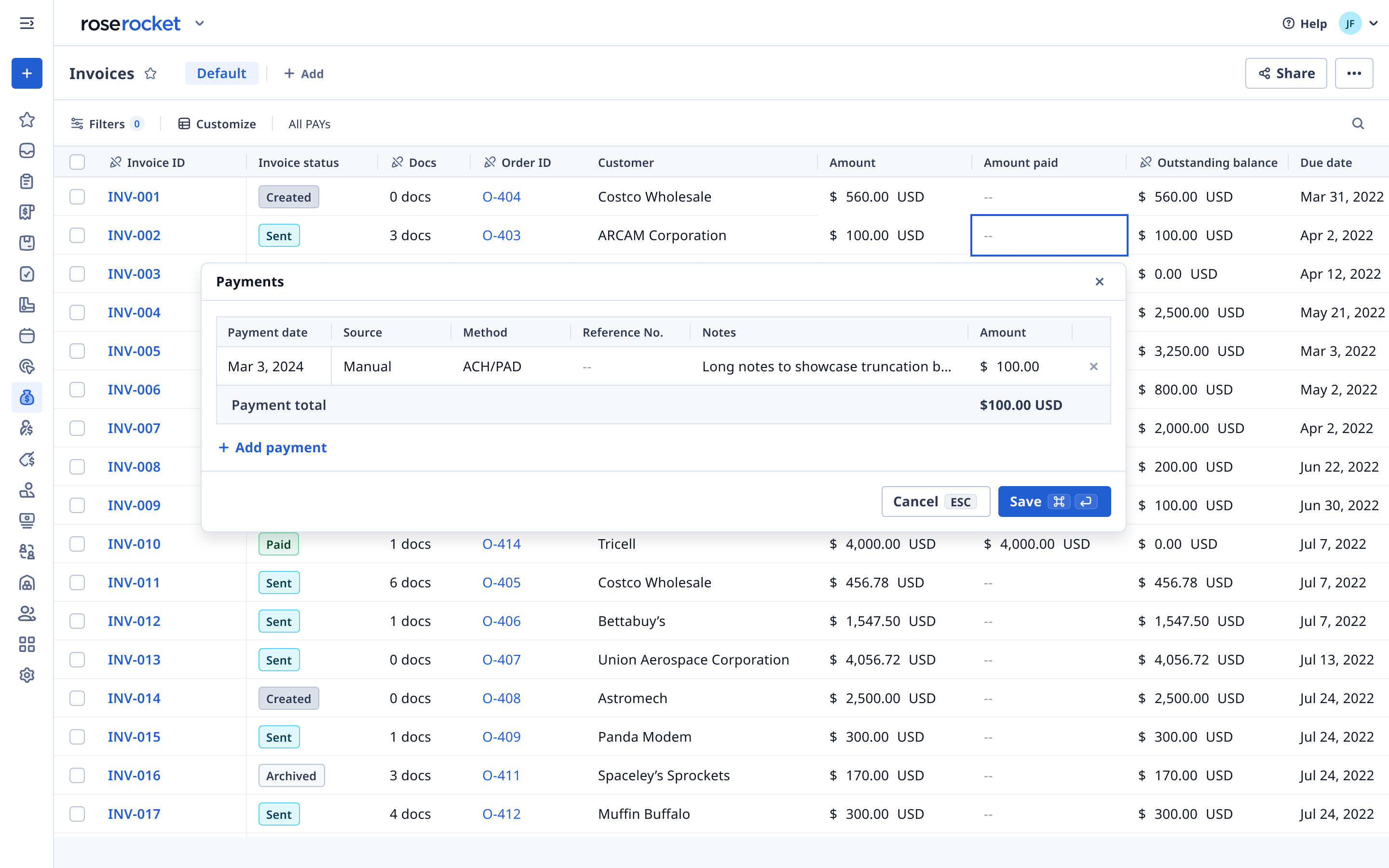 Keep track of invoice payments in Rose Rocket