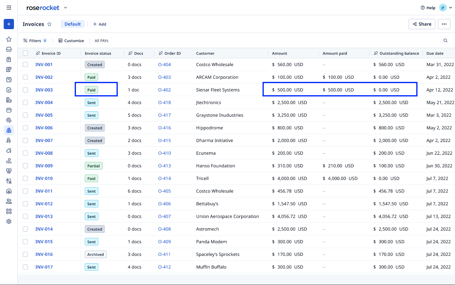 Keep track of invoice payments in Rose Rocket