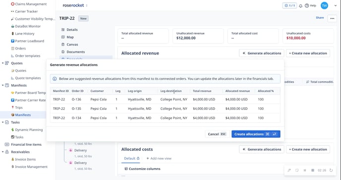 Manual cost allocation preview